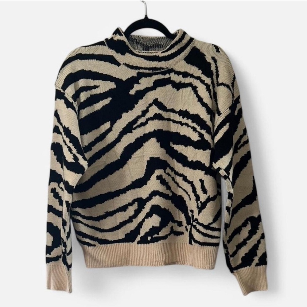 Chic Zebra Print Turtleneck Sweater - Black and Cream